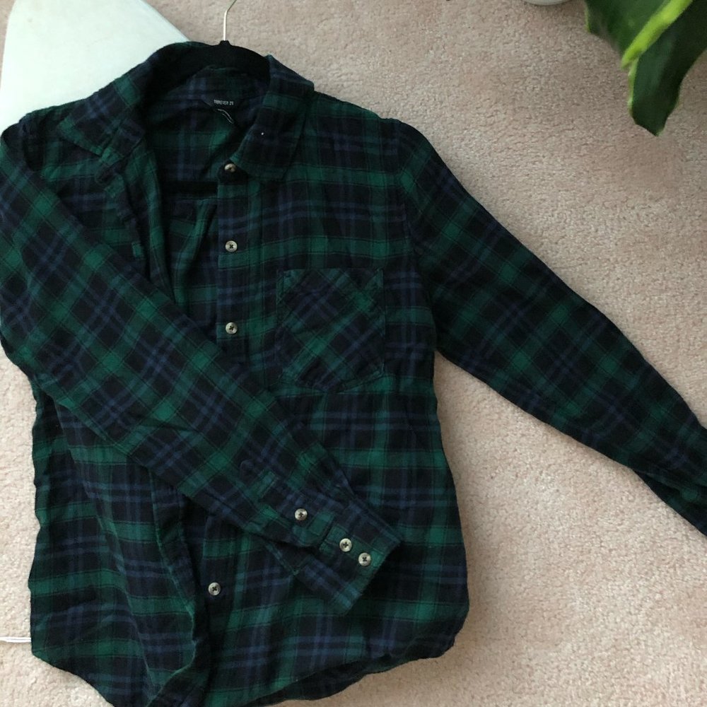 Green and Navy Button Flannel | Forever 21 | Large